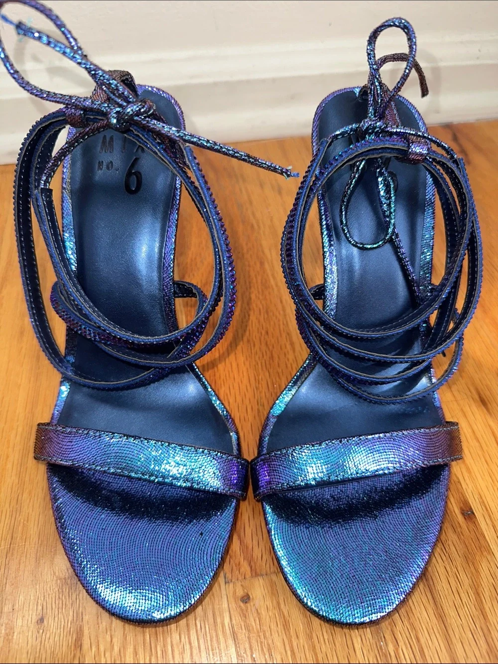 Iridescent Blue/Purple Lace-Up Heeled Sandals - Picture 3 of 10